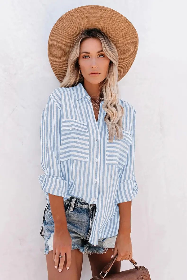 Women Green Striped Cotton Button Down Shirt with Jeans - Image 4