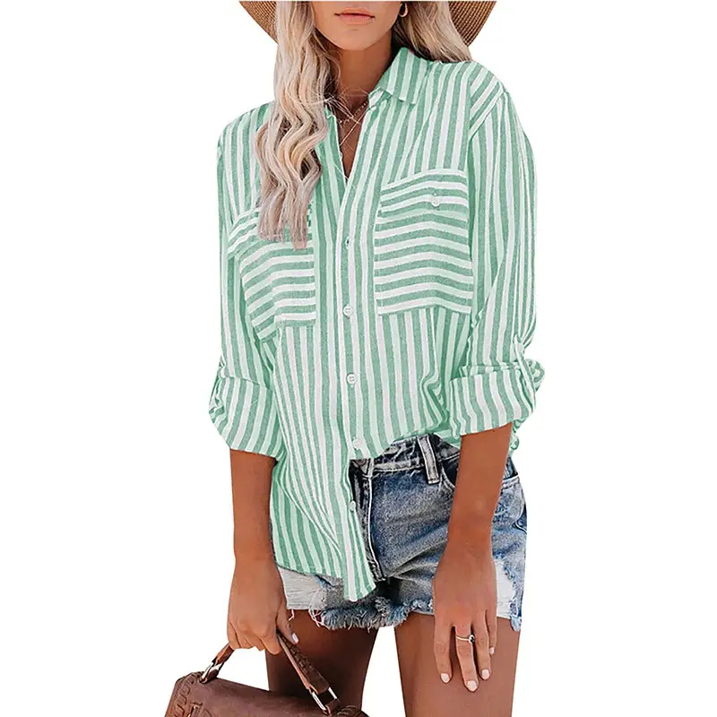 Women Green Striped Cotton Button Down Shirt with Jeans - Image 6