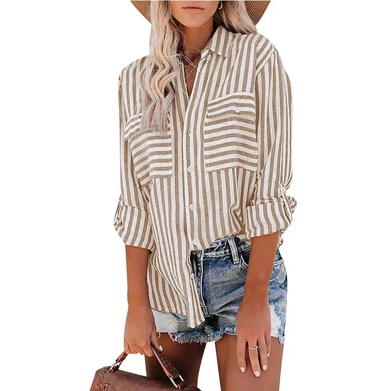 Women Green Striped Cotton Button Down Shirt with Jeans - Image 7