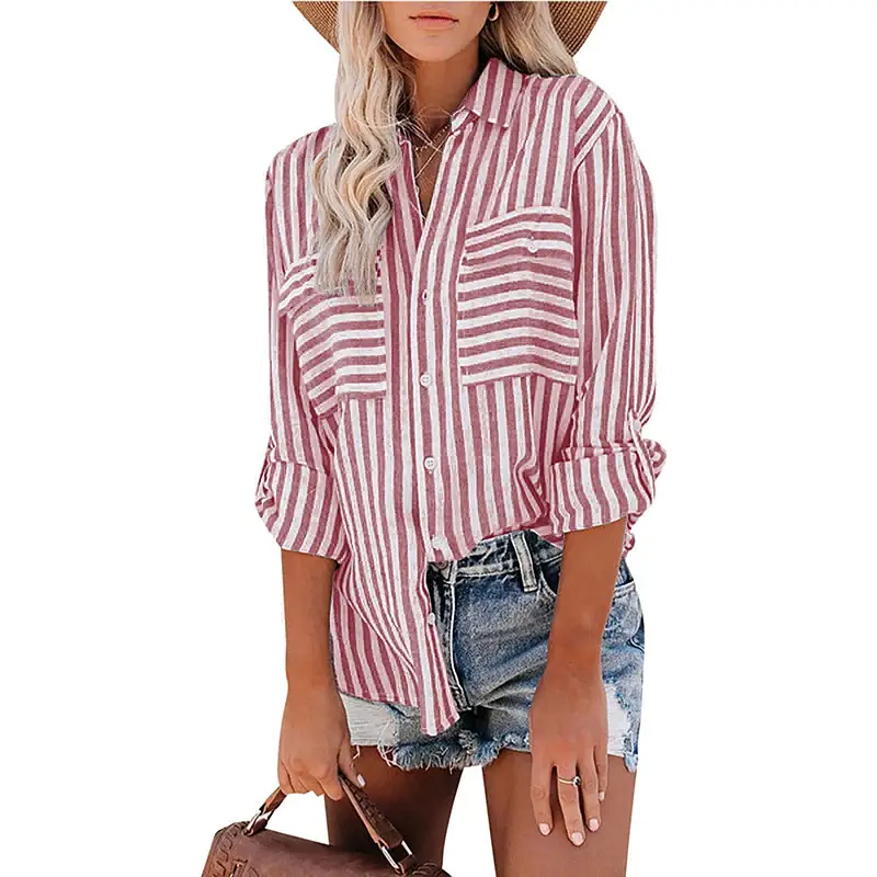Women Green Striped Cotton Button Down Shirt with Jeans - Image 8