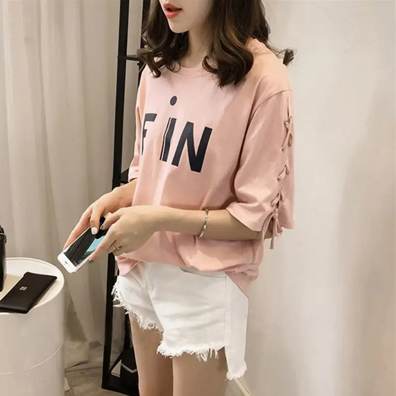 Women Pink Letter Half Sleeve T-Shirt Summer Loose Fit - Image 4