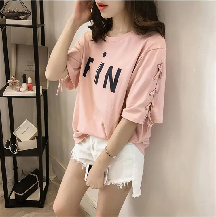 Women Pink Letter Half Sleeve T-Shirt Summer Loose Fit - Image 5