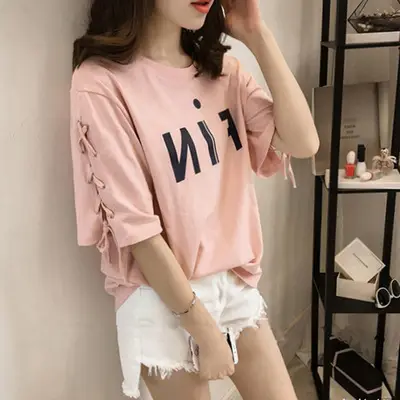 Women Pink Letter Half Sleeve T-Shirt Summer Loose Fit - Image 3