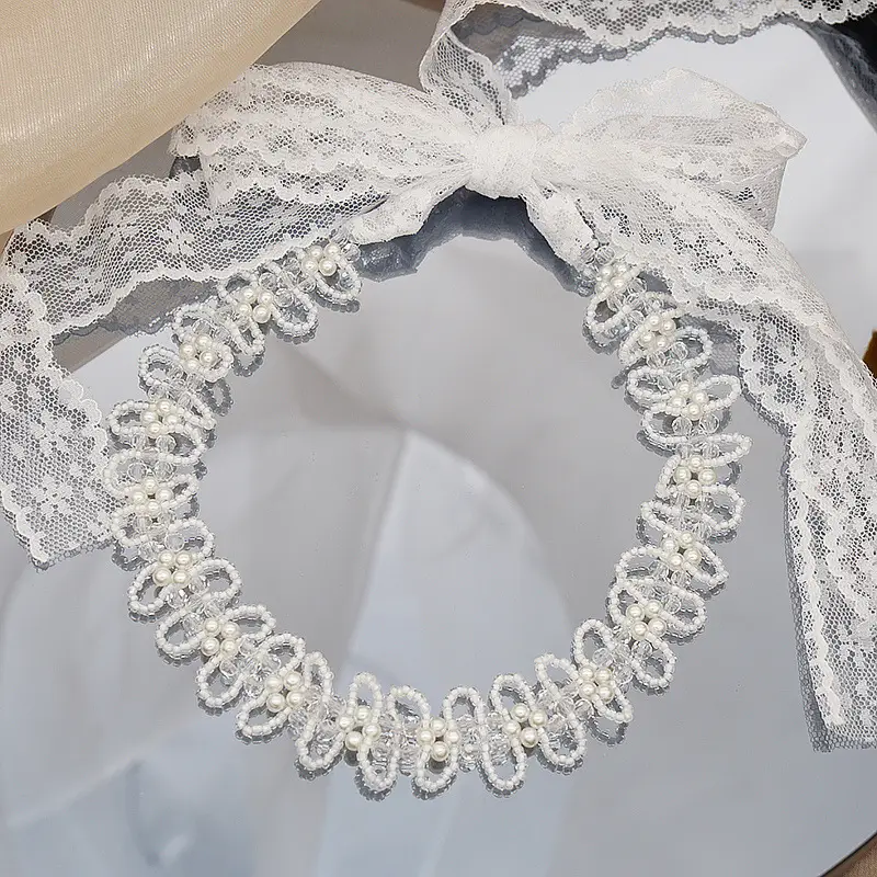 Pearl Crystal Hair Band with Bow Lace - Image 4