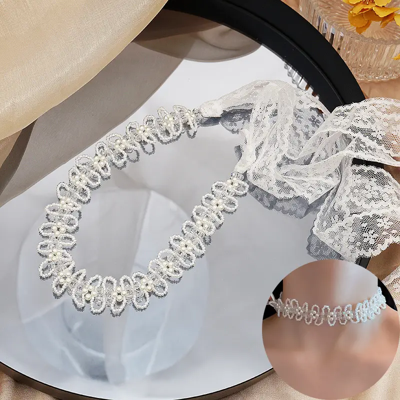 Pearl Crystal Hair Band with Bow Lace - Image 5