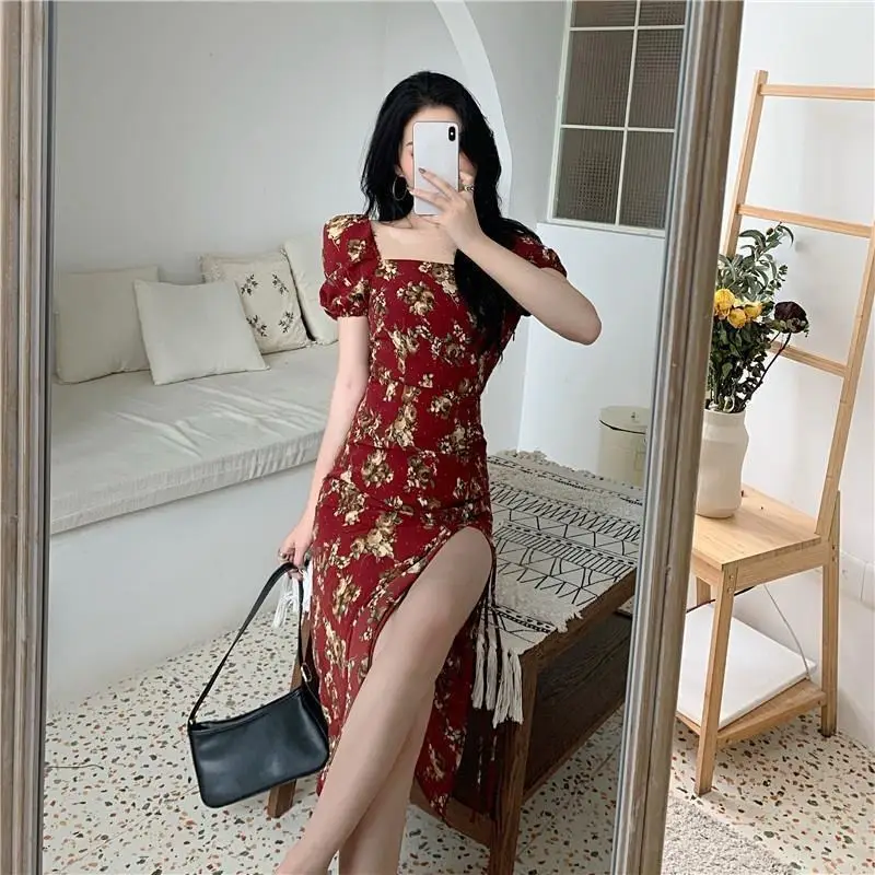 Retro Floral Split Skirt Dress Women Summer Hong Kong Style — feature 9