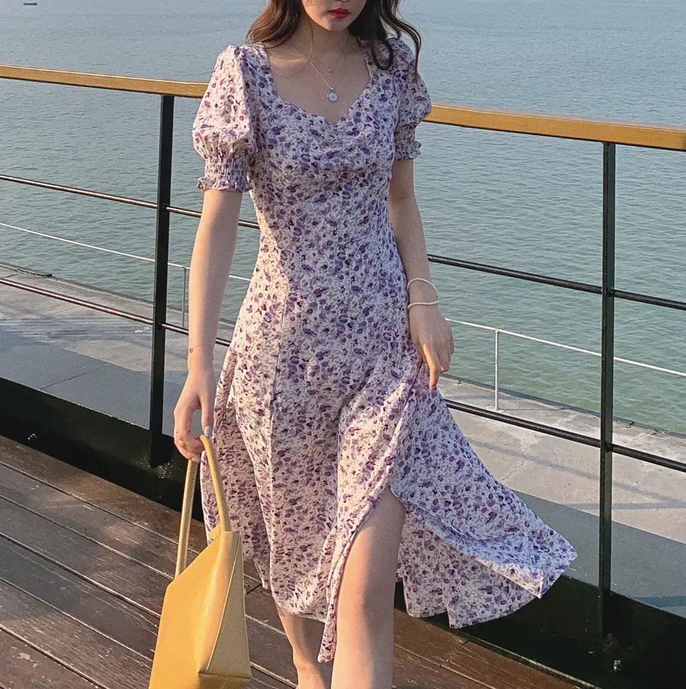 Lilac Floral Puff Sleeve Chiffon Dress for Women