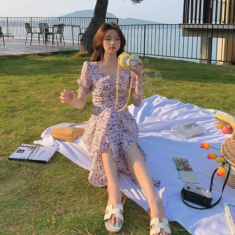 Lilac Floral Puff Sleeve Chiffon Dress for Women