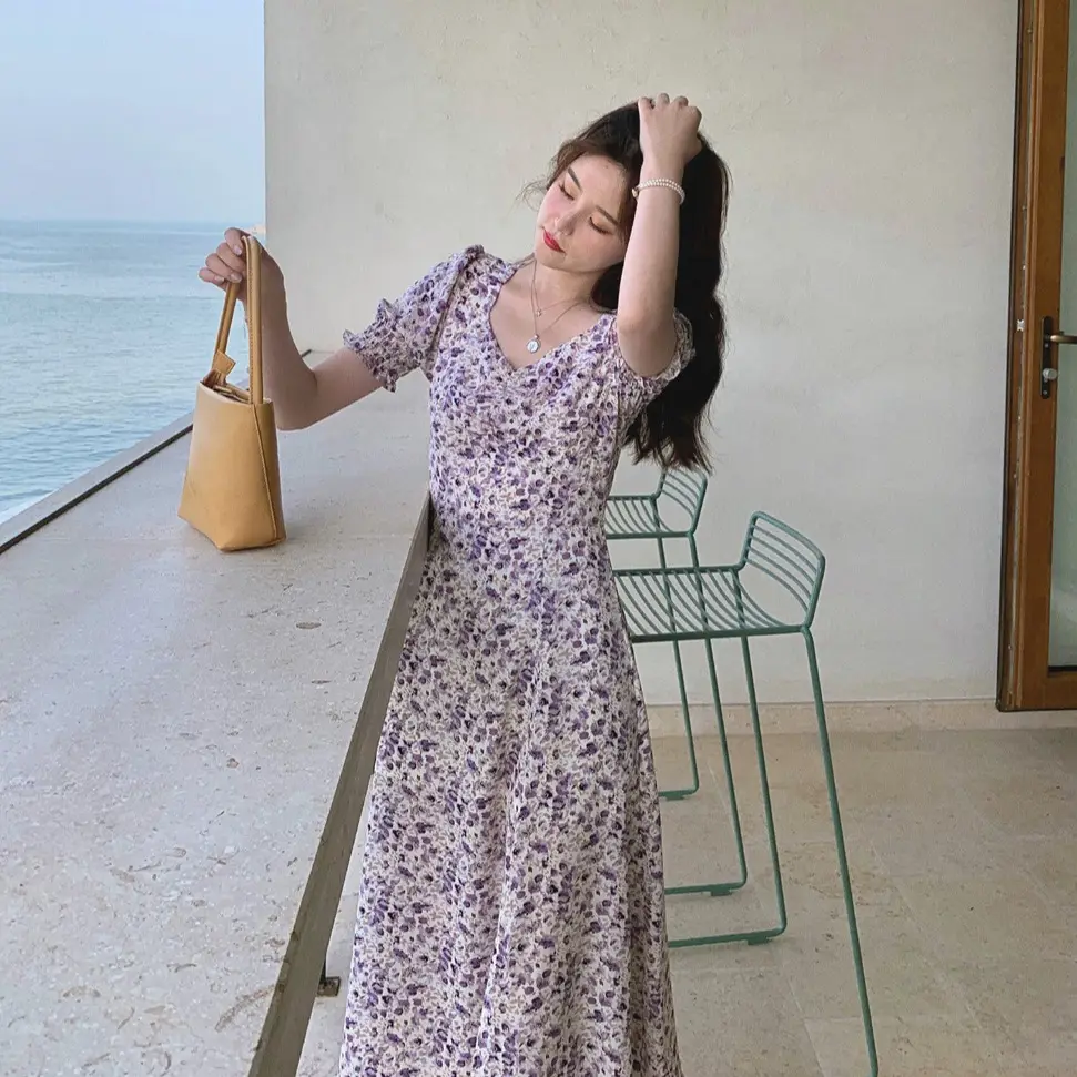 Lilac Floral Puff Sleeve Chiffon Dress for Women