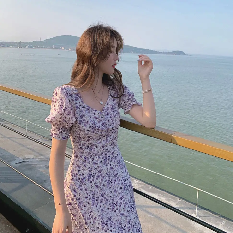 Lilac Floral Puff Sleeve Chiffon Dress for Women