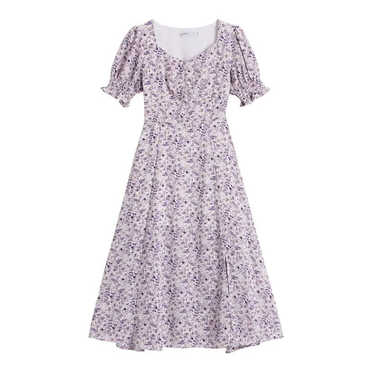 Lilac Floral Puff Sleeve Chiffon Dress for Women
