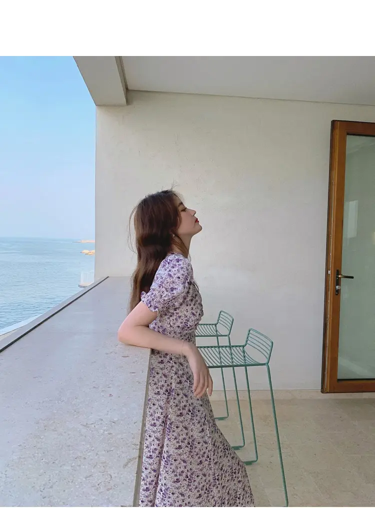 Lilac Floral Puff Sleeve Chiffon Dress for Women — feature 1