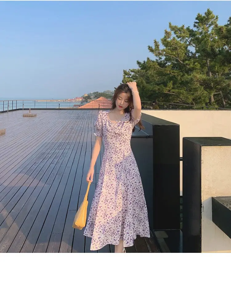 Lilac Floral Puff Sleeve Chiffon Dress for Women — feature 10