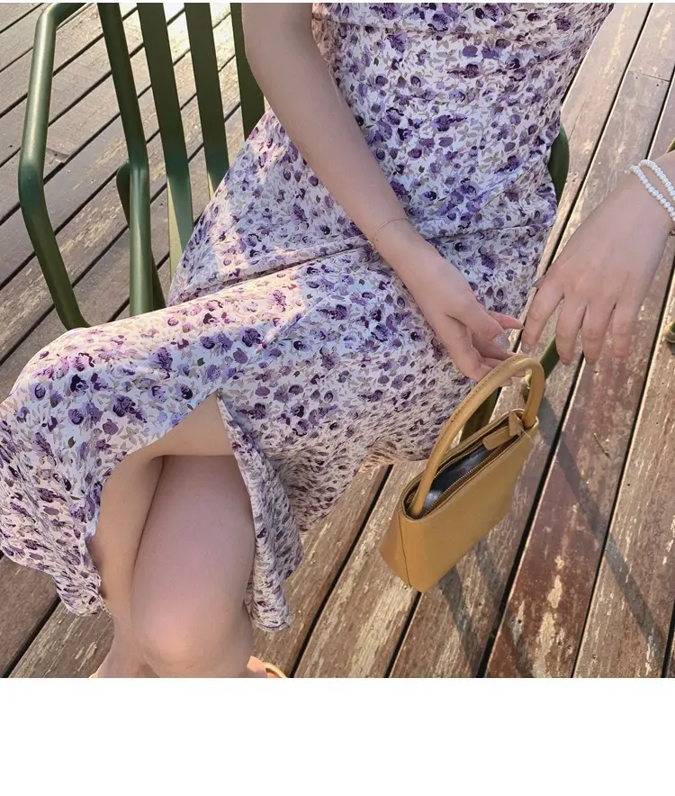 Lilac Floral Puff Sleeve Chiffon Dress for Women — feature 12