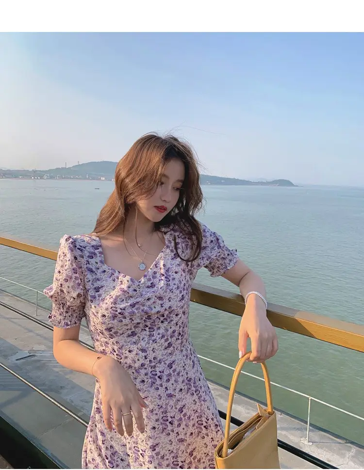 Lilac Floral Puff Sleeve Chiffon Dress for Women — feature 13