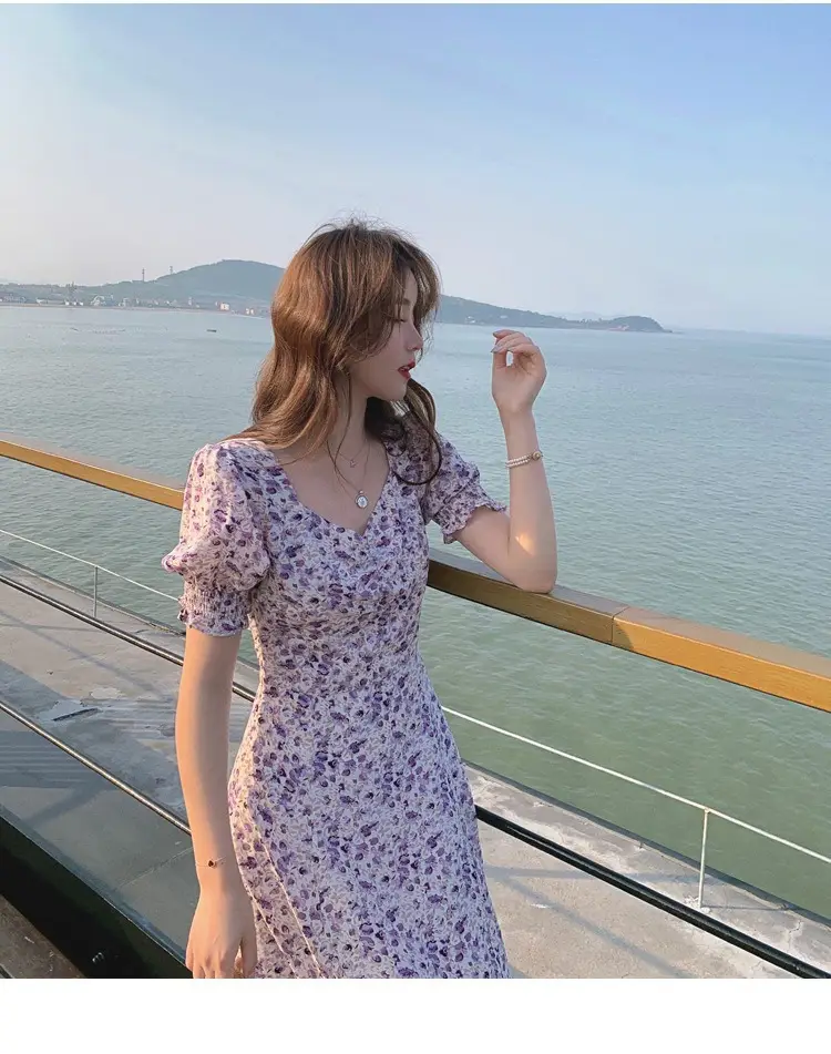 Lilac Floral Puff Sleeve Chiffon Dress for Women — feature 14