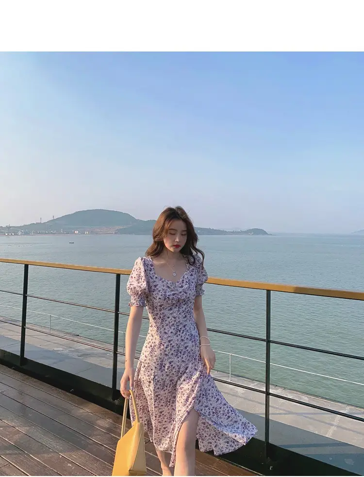 Lilac Floral Puff Sleeve Chiffon Dress for Women — feature 15