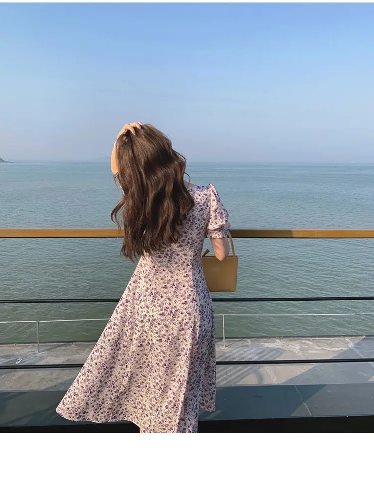 Lilac Floral Puff Sleeve Chiffon Dress for Women — feature 16