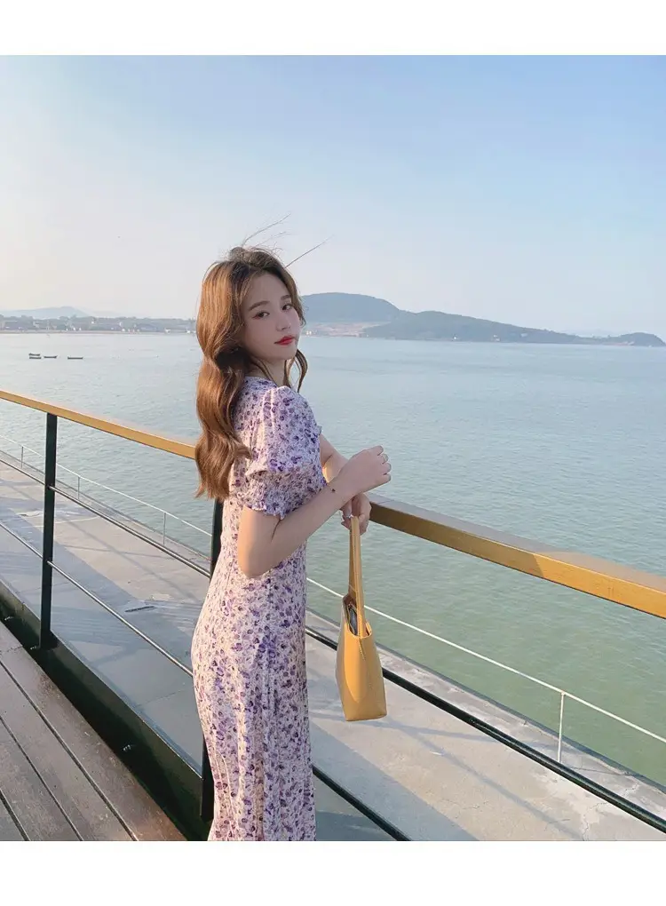 Lilac Floral Puff Sleeve Chiffon Dress for Women — feature 17