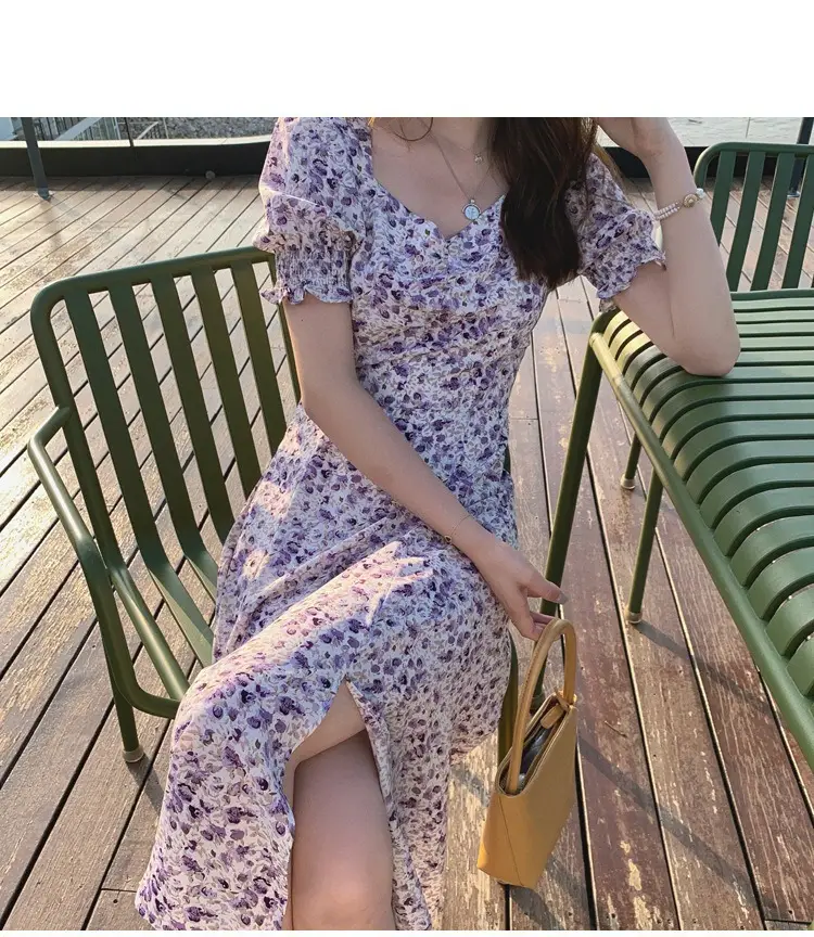 Lilac Floral Puff Sleeve Chiffon Dress for Women — feature 18