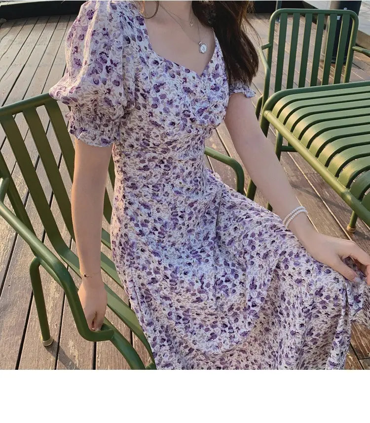 Lilac Floral Puff Sleeve Chiffon Dress for Women — feature 19