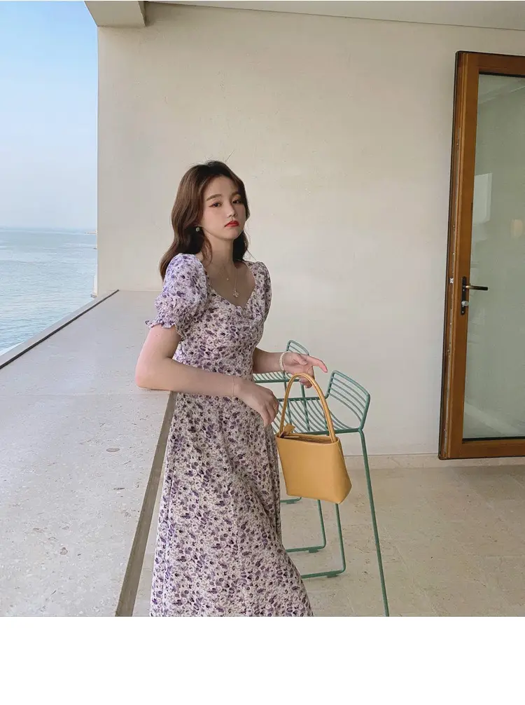 Lilac Floral Puff Sleeve Chiffon Dress for Women — feature 2