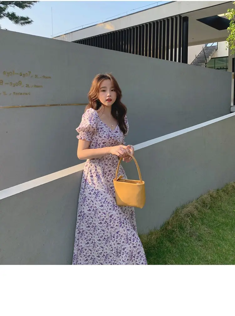 Lilac Floral Puff Sleeve Chiffon Dress for Women — feature 22