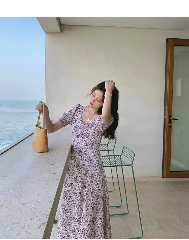 Lilac Floral Puff Sleeve Chiffon Dress for Women — feature 3
