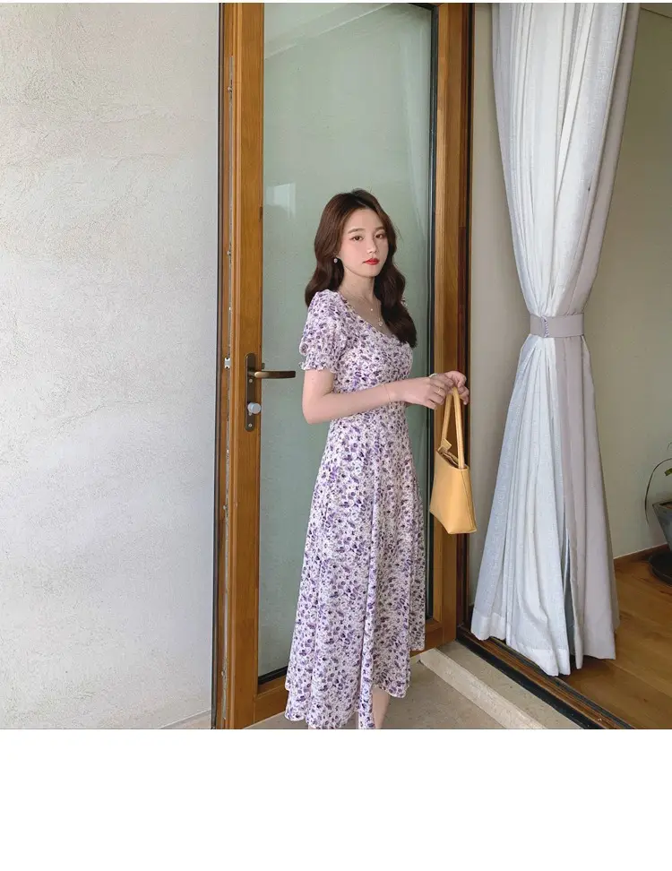 Lilac Floral Puff Sleeve Chiffon Dress for Women — feature 4