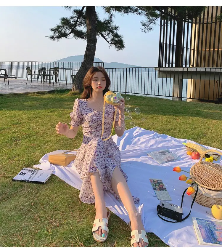 Lilac Floral Puff Sleeve Chiffon Dress for Women — feature 5
