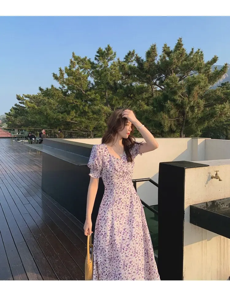 Lilac Floral Puff Sleeve Chiffon Dress for Women — feature 9