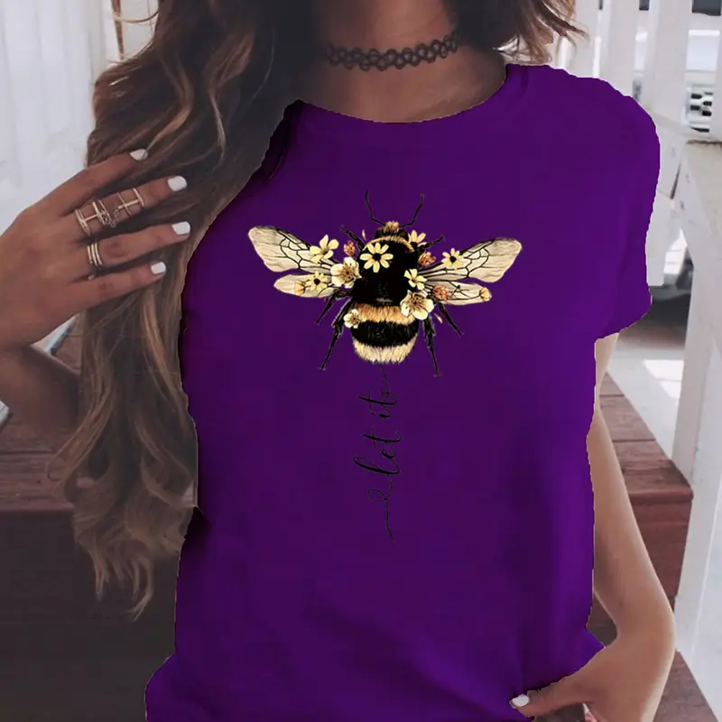 Women Blue Bee Print T-Shirt AliExpress 2020 - Image 3
