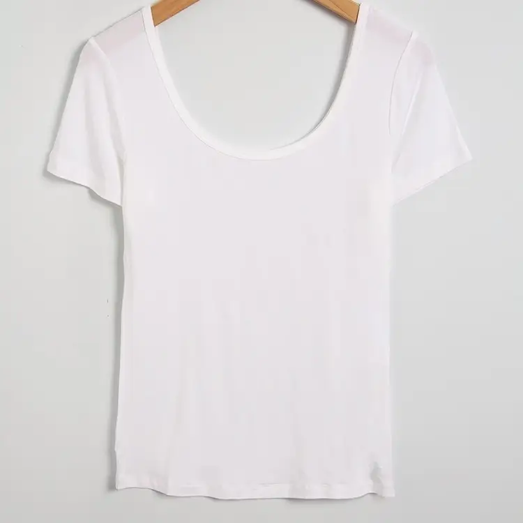 Women White Modal T-Shirt Double U Neck Short Sleeve - Image 2