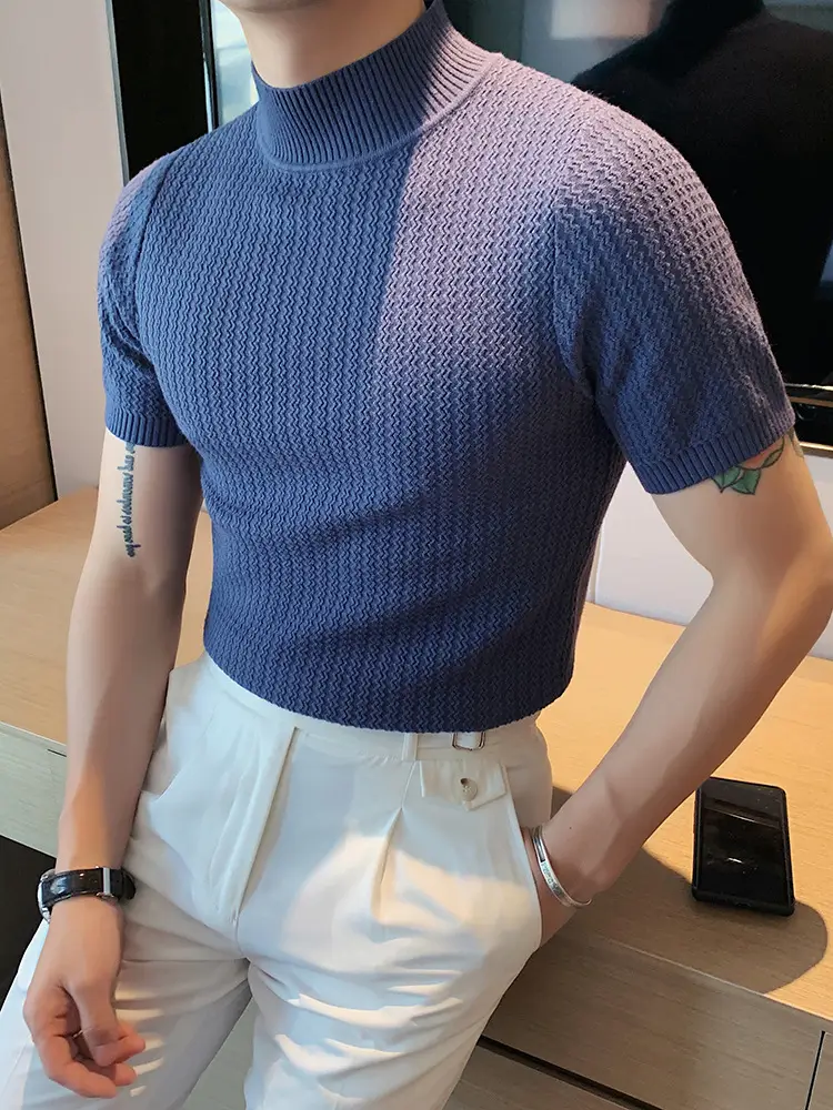 Men Slim Fit Short Sleeve Pullover Sweater Solid Color - Image 5