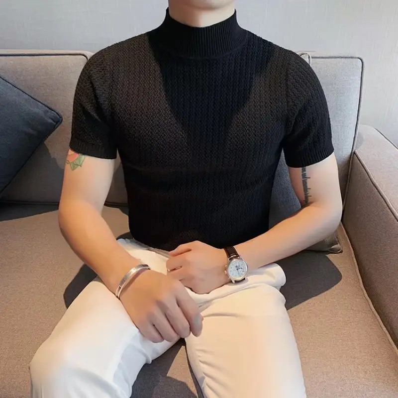 Men Slim Fit Short Sleeve Pullover Sweater Solid Color - Image 2
