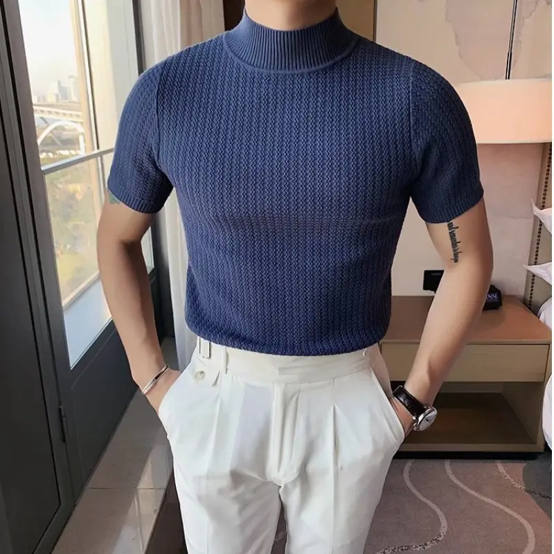 Men Slim Fit Short Sleeve Pullover Sweater Solid Color - Image 3