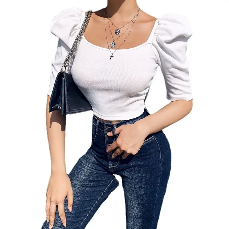 Women's Orange Puff Sleeve Top with Square Collar