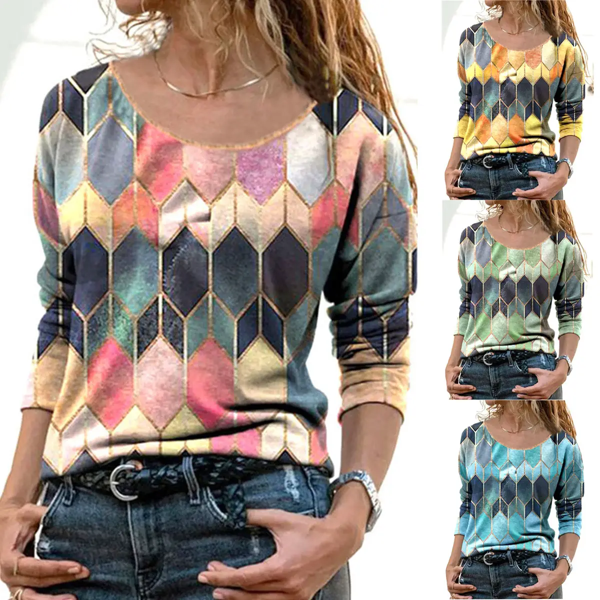 Women Geometric Pattern Long Sleeve T-Shirt Autumn 2022 - Image 5