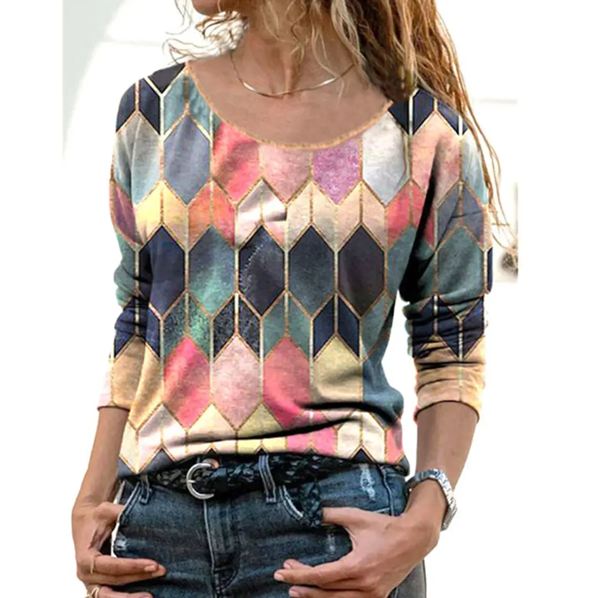 Women Geometric Pattern Long Sleeve T-Shirt Autumn 2022 - Image 6