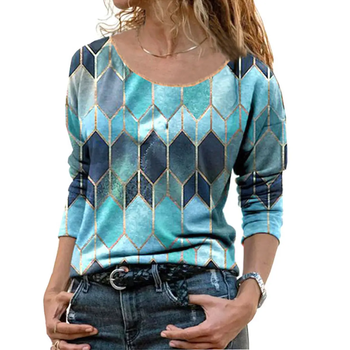Women Geometric Pattern Long Sleeve T-Shirt Autumn 2022 - Image 7