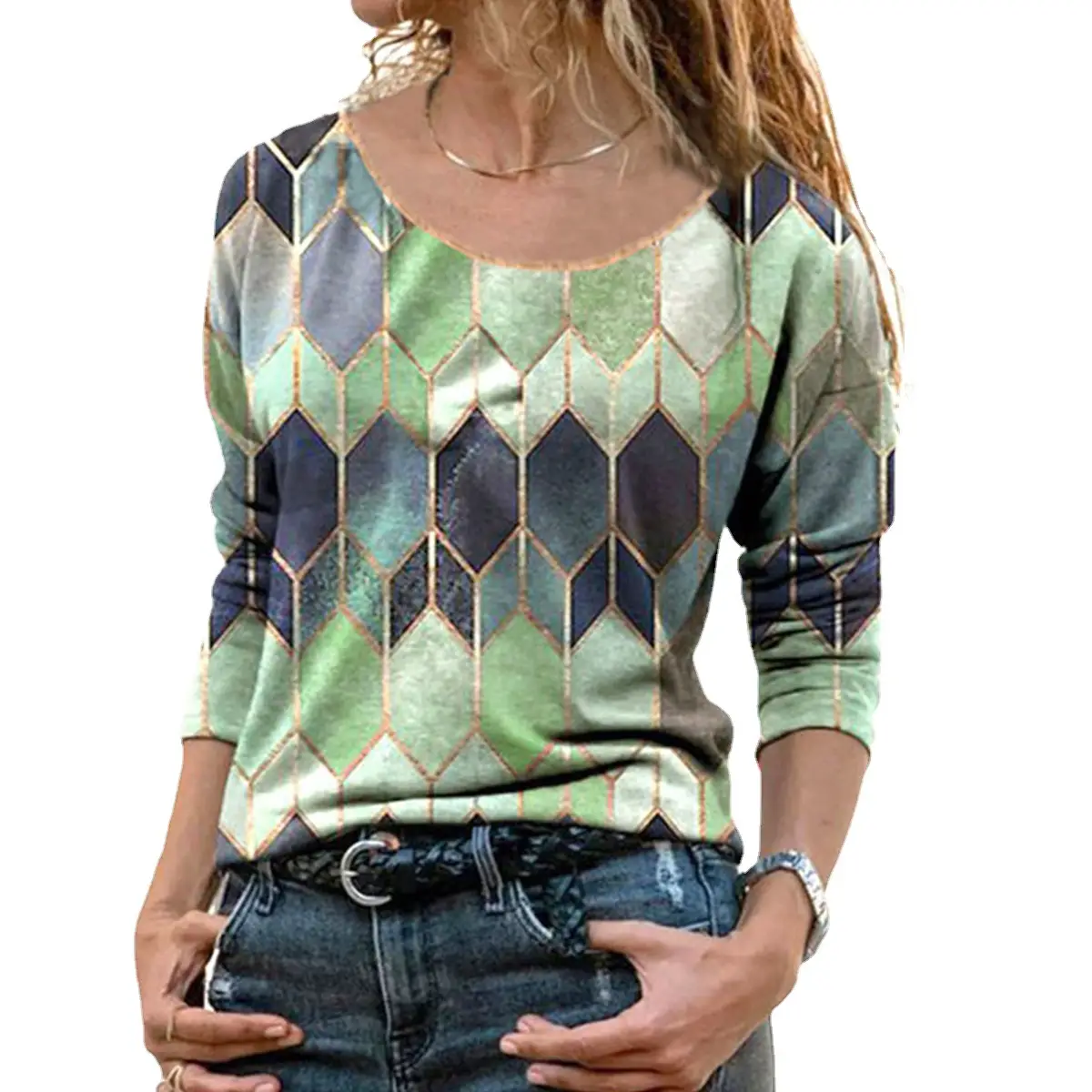 Women Geometric Pattern Long Sleeve T-Shirt Autumn 2022 - Image 8