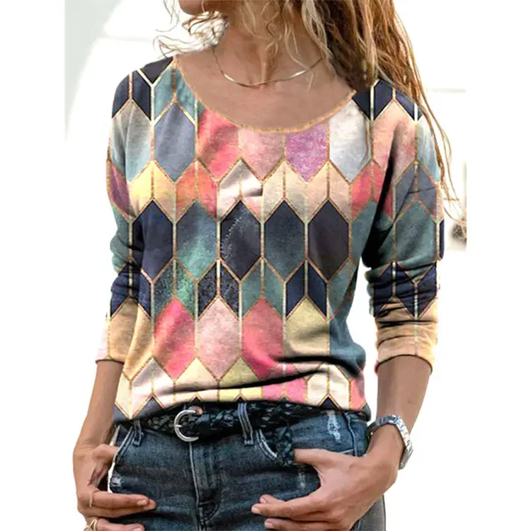 Women Geometric Pattern Long Sleeve T-Shirt Autumn 2022 - Image 2