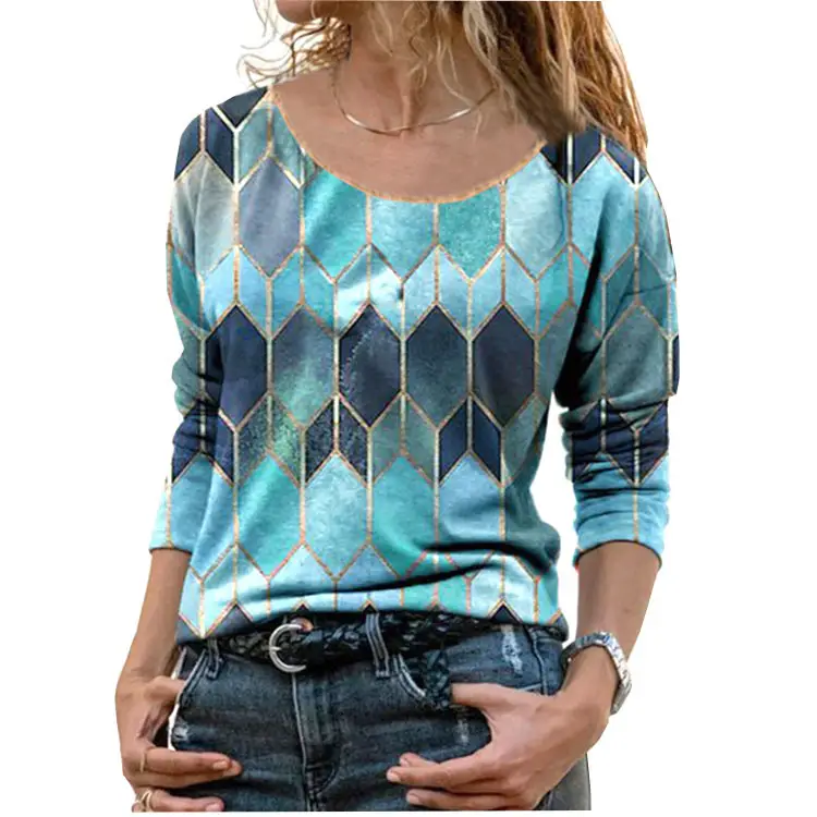 Women Geometric Pattern Long Sleeve T-Shirt Autumn 2022 - Image 4