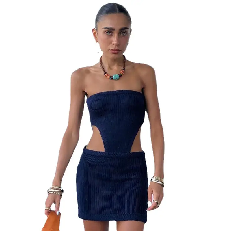 Hollow Strapless Knitted Skirt Dress Navy Blue - Image 7