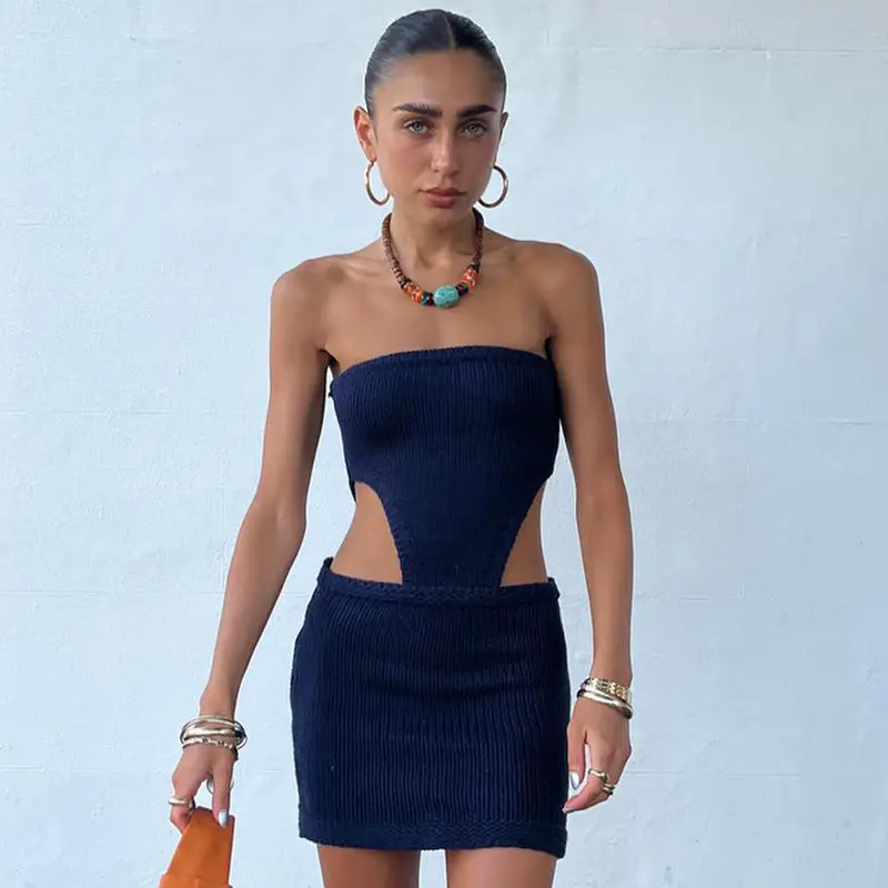 Hollow Strapless Knitted Skirt Dress Navy Blue - Image 3