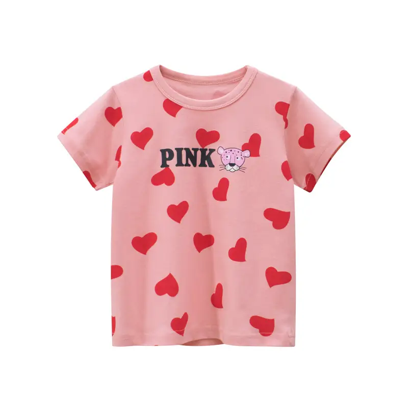 Pink Heart Print Kids T-Shirt 2024 Summer