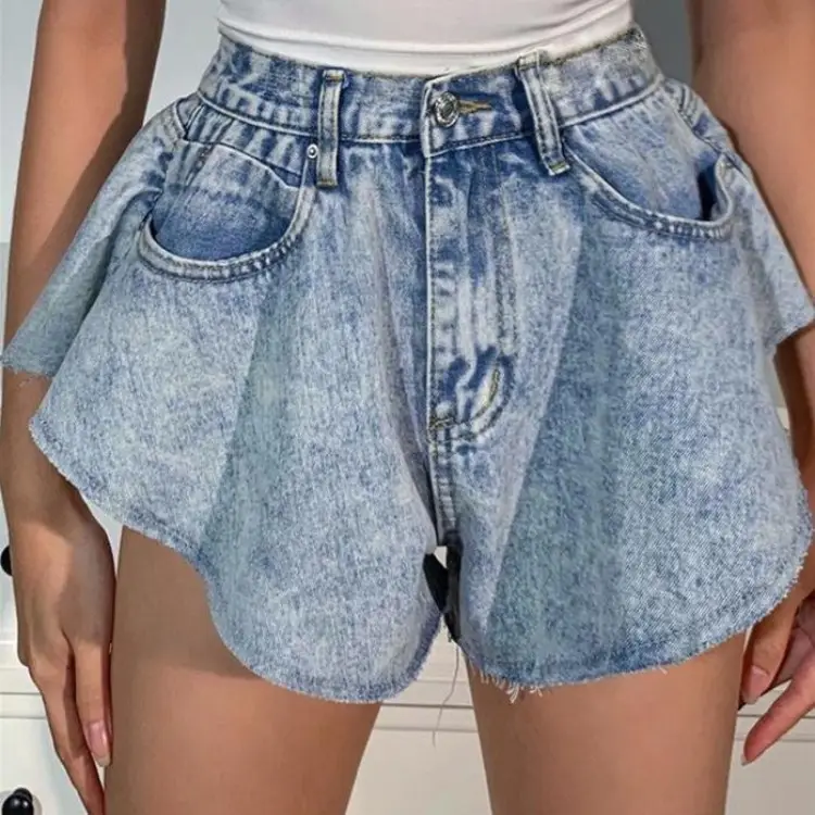 Wide Leg Denim Shorts High Waist Wash Blue