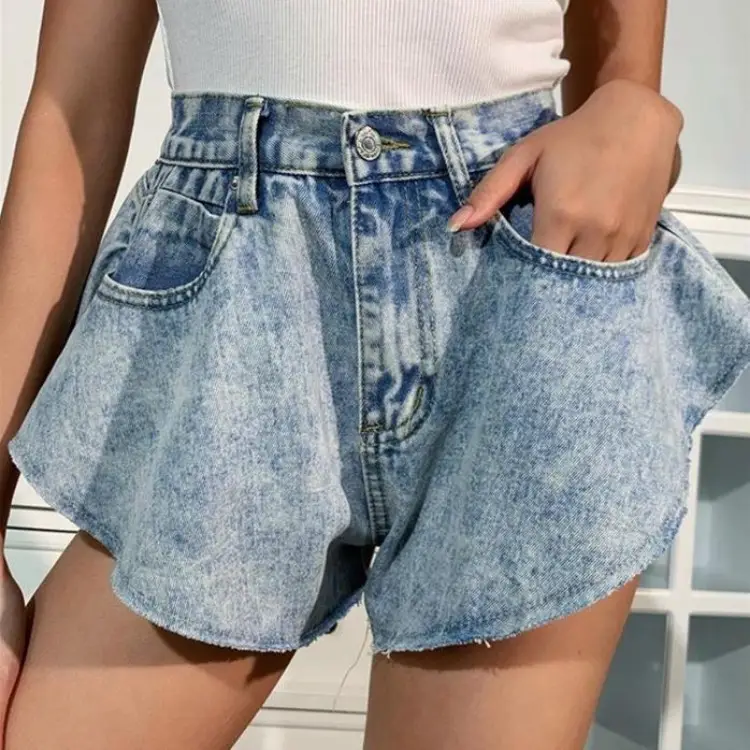Wide Leg Denim Shorts High Waist Wash Blue