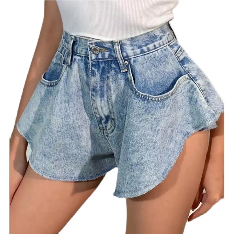 Wide Leg Denim Shorts High Waist Wash Blue