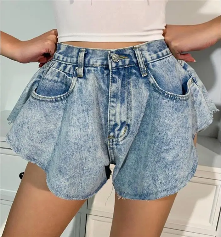 Wide Leg Denim Shorts High Waist Wash Blue — feature 2